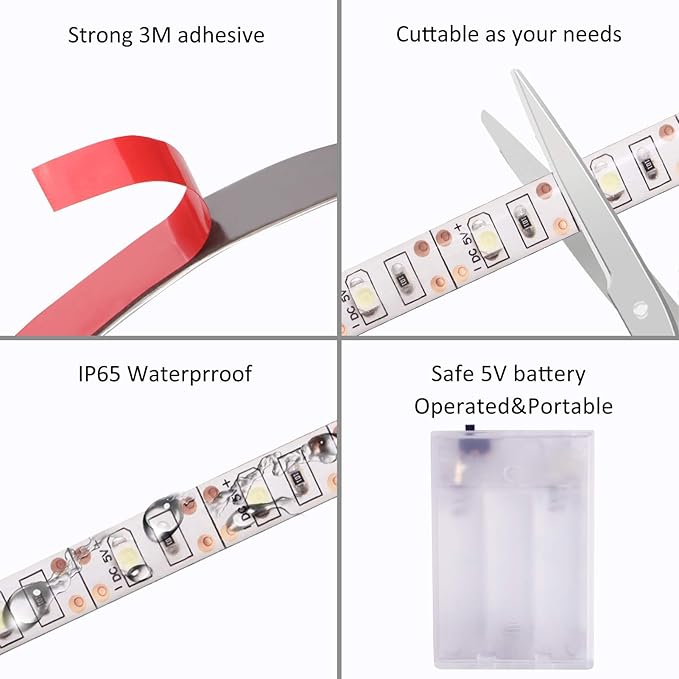 Battery Operated Led Strip Lights - Warm White 3000K, Waterproof, Self-Adhesive, Flexible, Cuttable - 13.2FT for TV, Mirror, Kitchen, Cupboard, Bedroom Decor