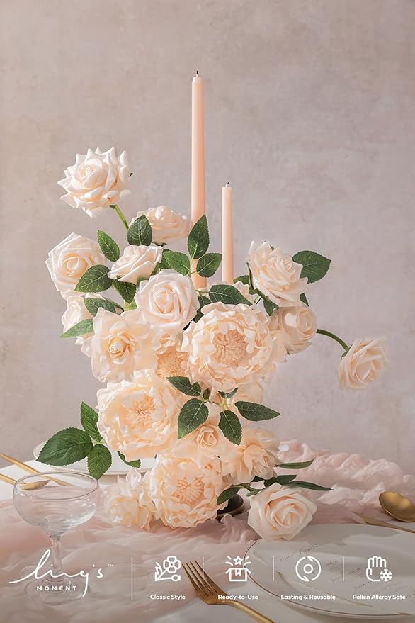 Ling's moment Artificial Flowers Fake Roses Gardenia Faux Foam Peony Combo for DIY Wedding Bouquets Centerpieces Arrangements Bridal Shower Party Home Decorations, Blush, 23pcs