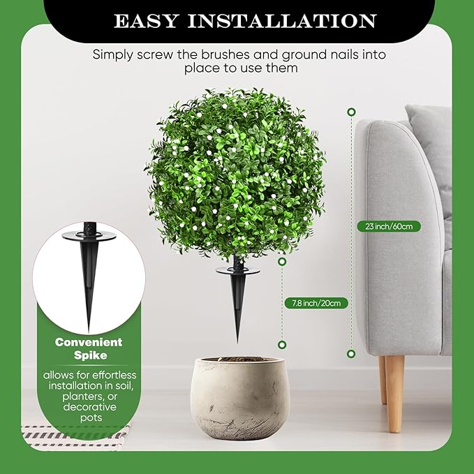 23" Set of 2 Artificial Boxwood Topiary Ball with Spikes Gypsophila Flowers for Outdoor, UV Resistant Faux Greenery Shrubs, Realistic Fake Bushes Plants for Garden, Yard, Front Porch, Patio Decor