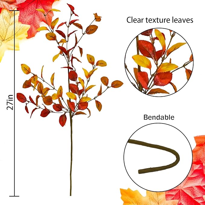 16pcs Artificial Fall Leaves Stems, 27" Fall Flowers Eucalyptus Leaves Branches Faux Fall Leaf Spray Fall Decorations for Home Floral Arrangement Autumn Table Centerpiece