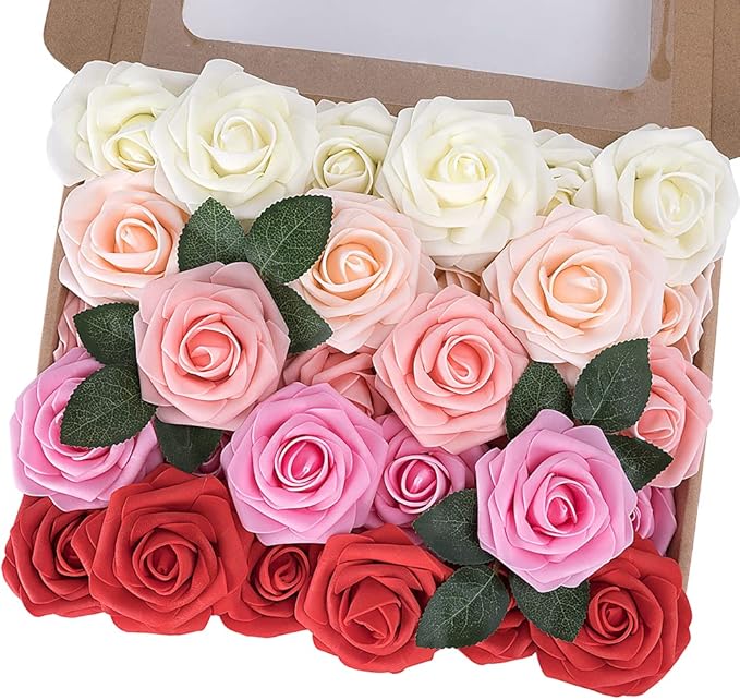 MACTING Artificial Rose Flowers 30PCS Fake Flowers with Stem Real Touch Soft Foam Rose Wedding Bouquet Baby Shower Table Centerpieces Home Spring Summer Decor(Gradual Red Series)