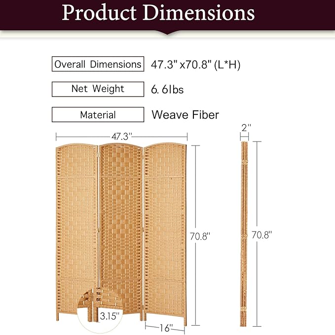 Rose Home Fashion 6 ft Tall Room Divider, Room Dividers and Folding Privacy Screens, 15.7in Privacy Screen 3 Panel Partition Temporary Wall Separation for Private, Light Beige