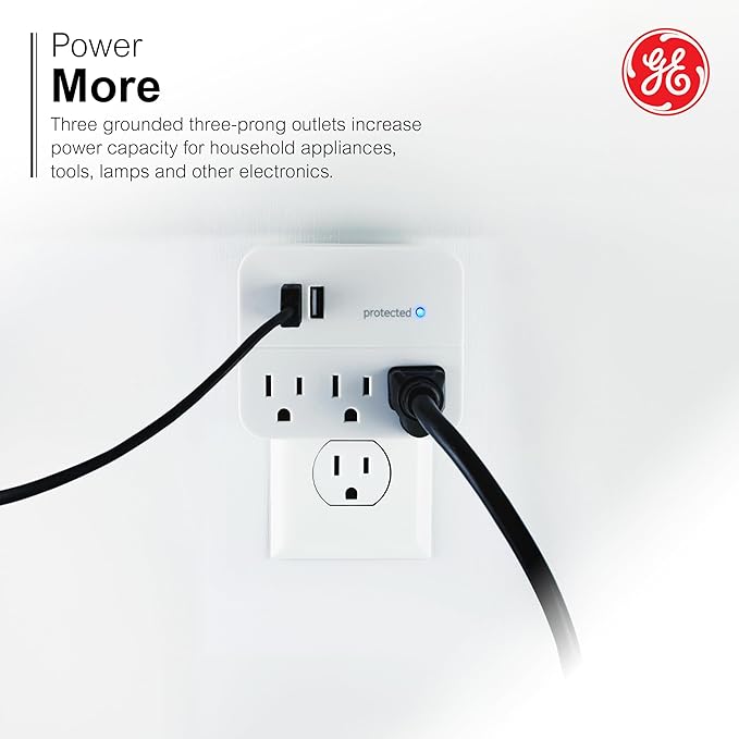 GE 14512 Surge Tap, 3 Outlets, 450J, USB, 2 Ports, 1.0A, White
