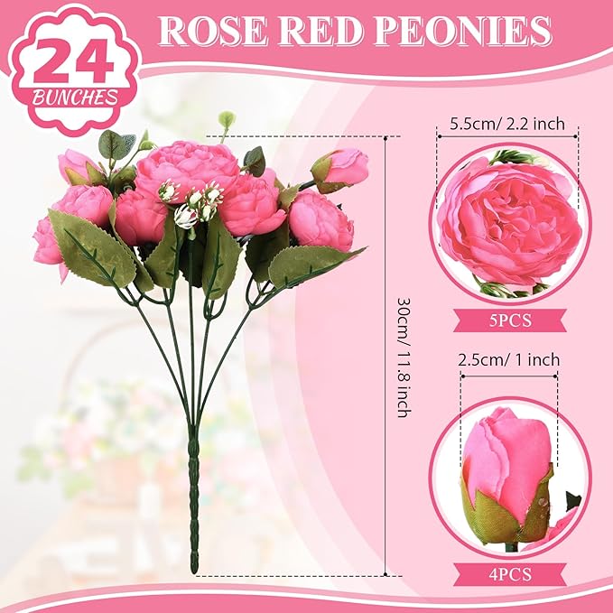 Hoteam 24 Bundles Artificial Peonies Flowers Wedding Faux Flowers Silk Peony Bouquet Bulk Bride Fake Florals Arrangements for Table Centerpieces Wedding Party Vase Decor (Hot Pink)
