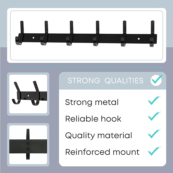 Matte Black Coat Rack Wall Mount – 17 Inch Stainless Steel Hook Rail with 6 Double Coat Hooks – Wall Mounted Entryway Organizer for Coats, Hats, Bags, Towels, Robes, Closet or Bathroom - 3 Pack