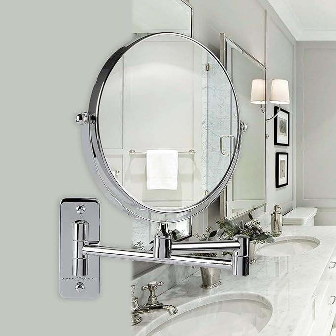 OVENTE 7" Wall Mounted Makeup Mirror with 1X/7X Magnification, Double Sided Magnifying Round Bathroom Vanity Mirror, 360° Swivel Design, Extendable and Folding Arm, Polished Chrome MNLFW70CH1X7X