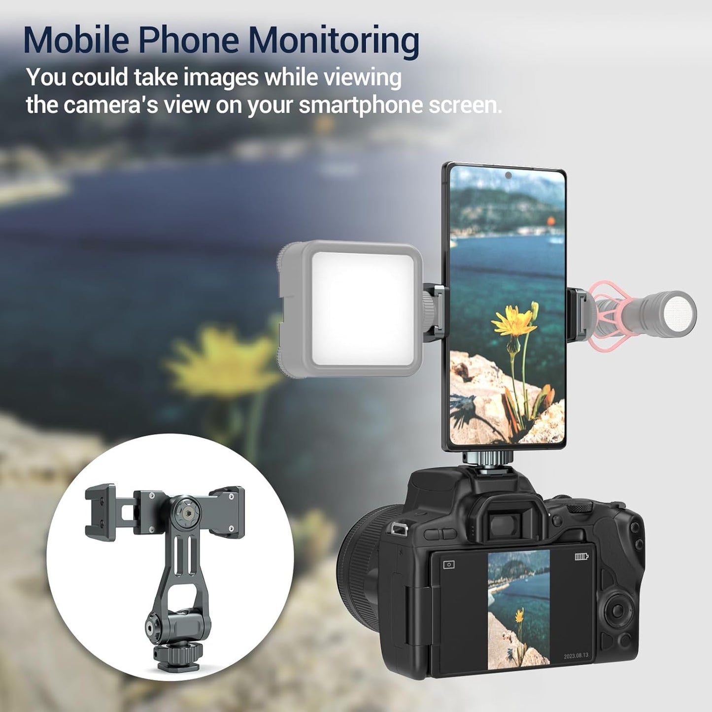 Phone Mount for Camera Hot Shoe, Aluminum Camera Hot Shoe Phone Holder with 2 Additional Cold Shoe Mounts, 360°