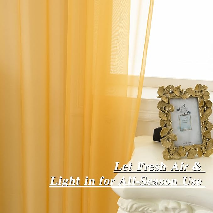 HUTO Gold Yellow Sheer Window Curtains 108 Inches Long for Bedroom Girls Rod Pocket Window Sheer Panels Drapes 2 Panels Curtains for Living Room Canopy Bed Nursery