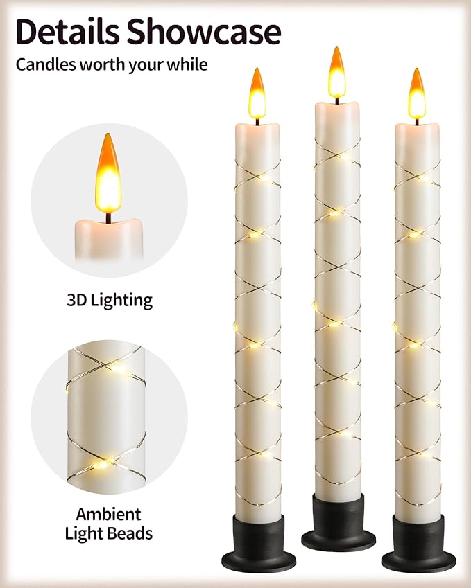 Da by 3 Flameless Window Candles with Remote Control & Timer, Battery Powered Surround Fairy Lamp, 9.6" Christmas Candle, Free 3 Black Bases for Home, Festive, Christmas, Wedding & Event Decoration