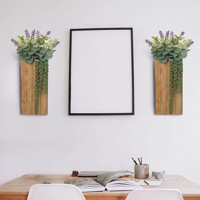 Wood Wall Planters 2 Pack with Artificial Greenery Plants - Pocket Wall Vases for Dried Flowers - Wood Wall Decor Hanging Planters for Living Room, Bedroom, Home Decor - Brown