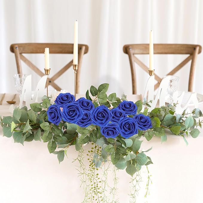 MACTING 30PCS Artificial Glitter Flowers Fake Flowers with Stem Real Touch Foam Roses for Wedding Bouquet Table Centerpieces Party Wreath Home Spring Mothers Day Decorations(Royal Blue)