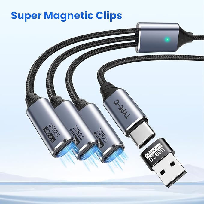 USB C Splitter 3 Port with USB Adapter for Data Transfer, USB-C Splitter for Charging, Male to Multi Type-C Female Cable Compatible with Smartphone, PC, Flash Drive, Keyboard, Printer