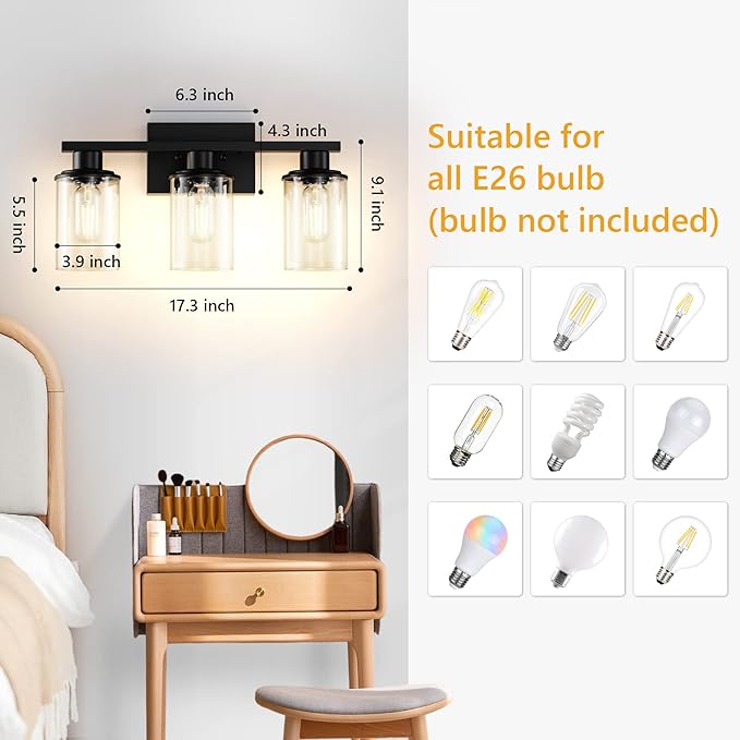Black Bathroom Vanity Light Fixtures Over Mirror 3-Light Wall Sconce Lamp Lighting Fixtures