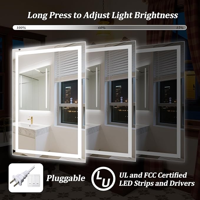LED Bathroom Mirror, Large 60"x 40" Smart Bathroom Vanity Wall Mirrors with Lights, Anti-Fog, Dimmable, Backlit + Front Lit, 3 Color Modes, Memory Function