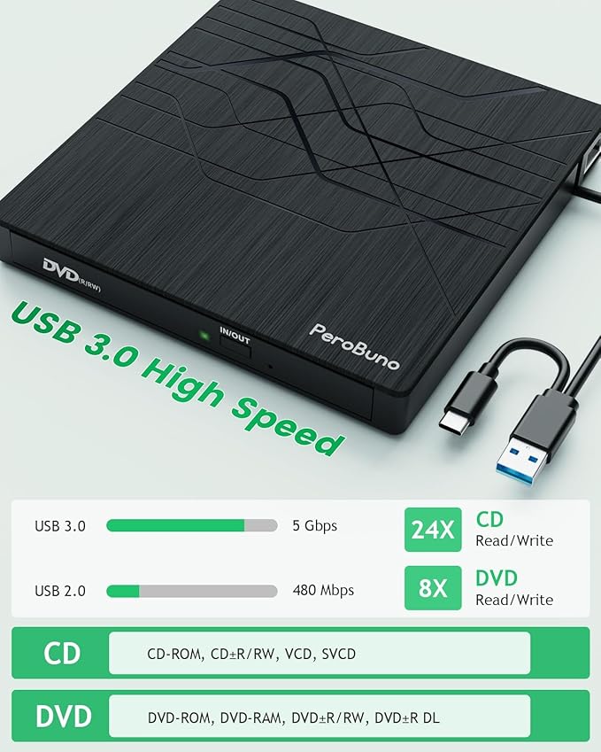 Super External CD DVD Drive, USB 3.0 DVD Burner with Ethernet Adapter, 3 USB and 2 TF/SD Card Ports, CD DVD Player Reader Writer Optical Disk Drive for Laptop PC Mac Windows Linux with Carrying Case