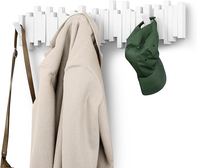 Umbra Sticks Wall-Mounted Coat Rack Rail Hook with 8 Retractable Pegs – Modern, Space-Saving Storage Organizer, White