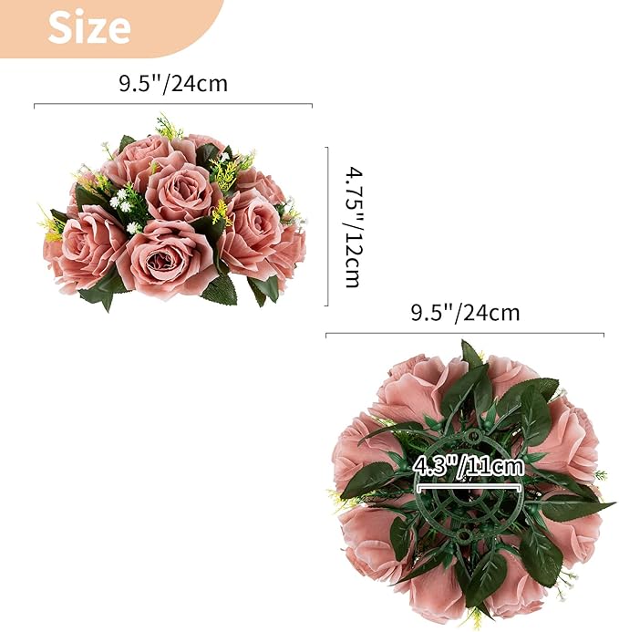 NUPTIO Artificial Flower Centrepieces for Tables - 2 Pcs Dusty Rose Fake Flowers Roses Balls 9.5in Diameter - Silk Faux Rose Arrangement for Wedding Party Centerpiece Table Decorations