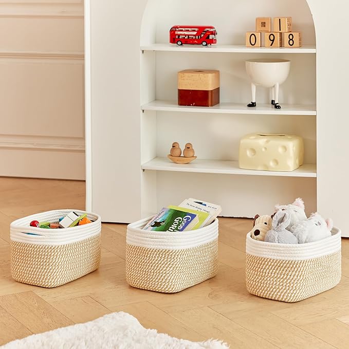 Small Cotton Rope Storage Basket Set of 3-11"x7"x7" Perfect Woven Baskets for Storage, Ideal Storage Baskets for Organizing Toys, Towels, and More - Baskets for Shelves（White & Mixed Camel）