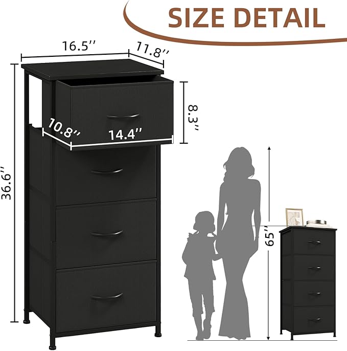 Somdot Dresser for Bedroom with 4 Drawers, Storage Organizer Chest of Drawers with Removable Fabric Bins for Closet Bedside Living Room Laundry Entryway Hallway, Black