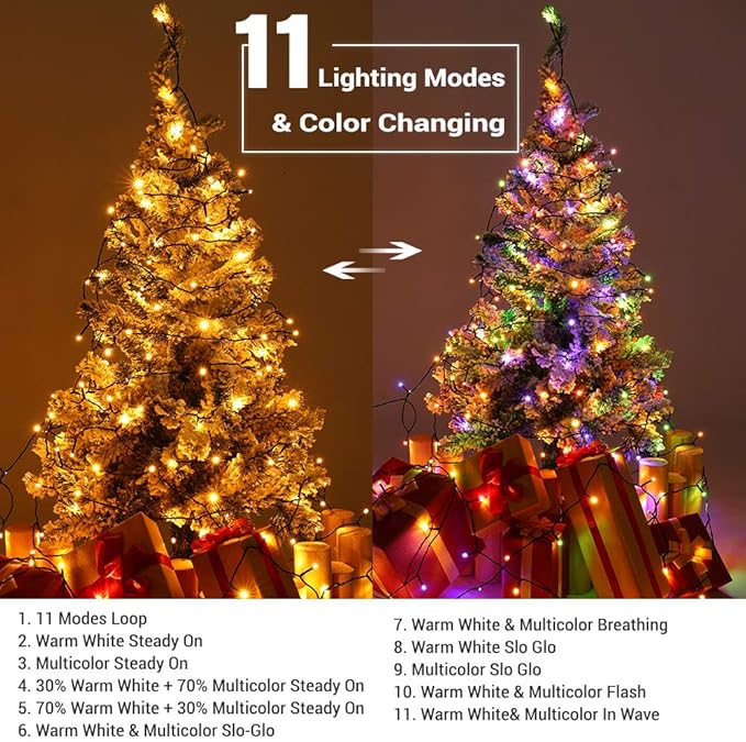 Brizled Christmas Lights, 65.67ft 200 LED Color Changing Tree Lights 11-Function Warm White & Multicolored Christmas Lights, Connectable 29V Safe Adapter Remote Decorative Lights String for Xmas Party