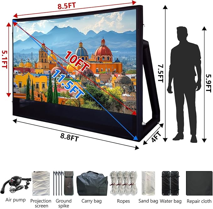 Inflatable Projector Screen I Air-Tight No-Blower Design,Made from TPU Tarpaulin, 120 inch (Equivalent to 16ft) for Indoor & Outdoor Use Backyard, Pool, Party, Camping, Movie Night Parties