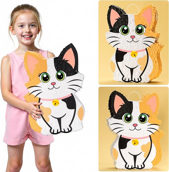 Wernnsai Kitten Cat Piñata - Cat Kitten Decorations For Kids Girls Birthday Cute Animal Party Game For Cat Lady KittenParty Supplies Favor With Bat Blindfold 16“ x 12.5" x 3"