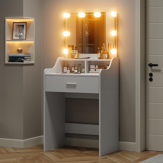 Furniouse Vanity Desk with Mirror and Lights, 23.6" Small Makeup Vanity Table Set with Storage, Drawer, 3 Lighting Modes Adjustable Brightness for Bedroom