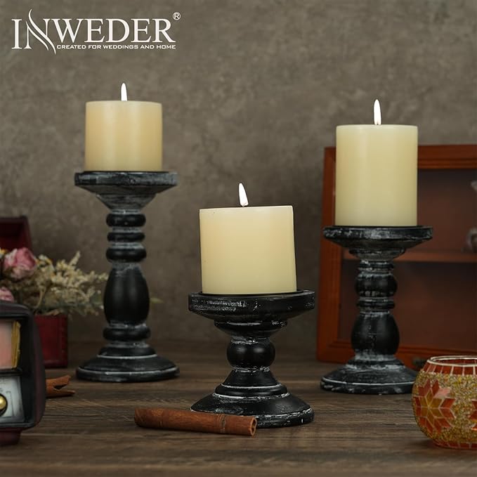 Wood Pillar Candle Holder: 3Pcs Rustic Black Candle Holders for Pillar Candles Wood Candle Holders Distressed Wooden Farmhouse Candle Holder Large Rustic Candle Holder for Fireplace Table