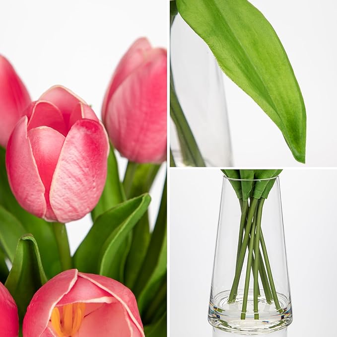 Fake Tulips Artificial Tulip Flowers in Glass Vase with Faux Water, 14.2" Real Touch Pink Tulip Flowers Spring Décor for Table Centerpiece Home Farmhouse Resto Wedding Decoration