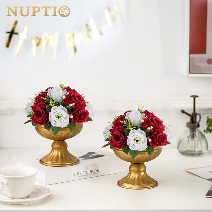 NUPTIO Artificial Flower Centrepieces for Tables - 2 Pcs Crimson & White Fake Flowers Roses Balls 9.5in Diameter - Silk Faux Rose Arrangement for Wedding Party Centerpiece Table Decorations
