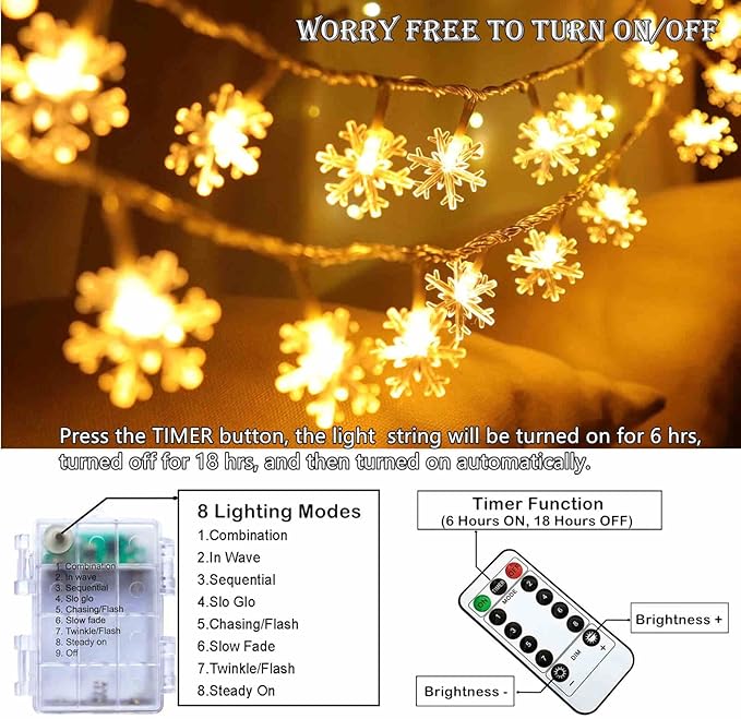 Christmas Snowflake String Lights, 20 FT 40 LED Warm White Battery Operated Fairy Lights with Remote Timer - Bedroom Room Indoor Xmas Tree Decorations