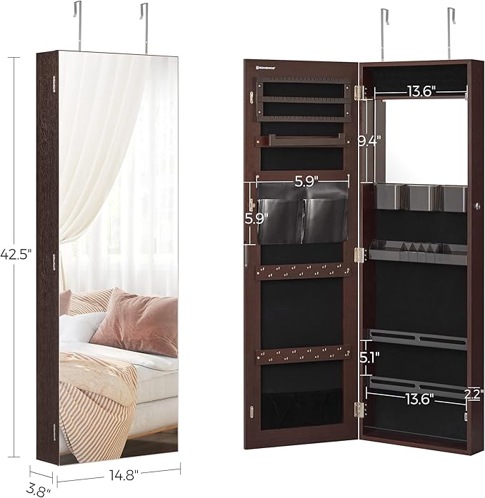 SONGMICS Jewelry Cabinet Armoire with Mirror, Wall or Door Mount Storage Organizer with Full-Length Frameless Mirror, Lockable Cabinet with Built-in Small Mirror, Shelves, Christmas Gift Idea, Brown