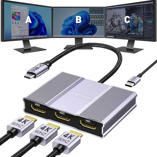 USB C to 3 HDMI Adapter with PD 100W, 4K@60Hz HDMI Splitter Extended Display 1 in 3 Out for Multi-Monitors, Compatible with Laptop,PC,USB-C Graphics Card - MACOS Not Support MST