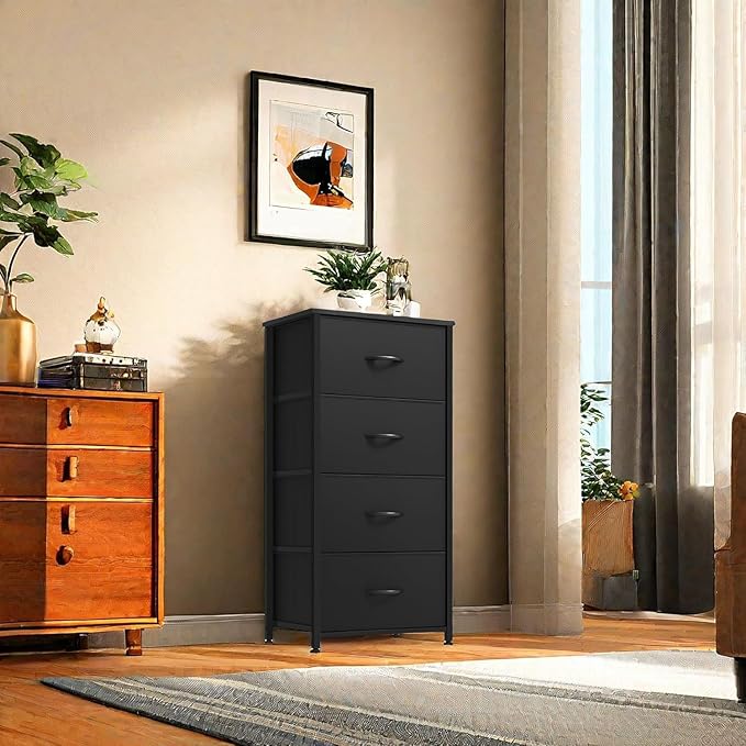 DWVO Storage Tower with 4 Drawers - Fabric Dresser, Organizer Unit, Living Room, Closets - Sturdy Steel Frame, Easy Pull Fabric Bins & Wooden Top
