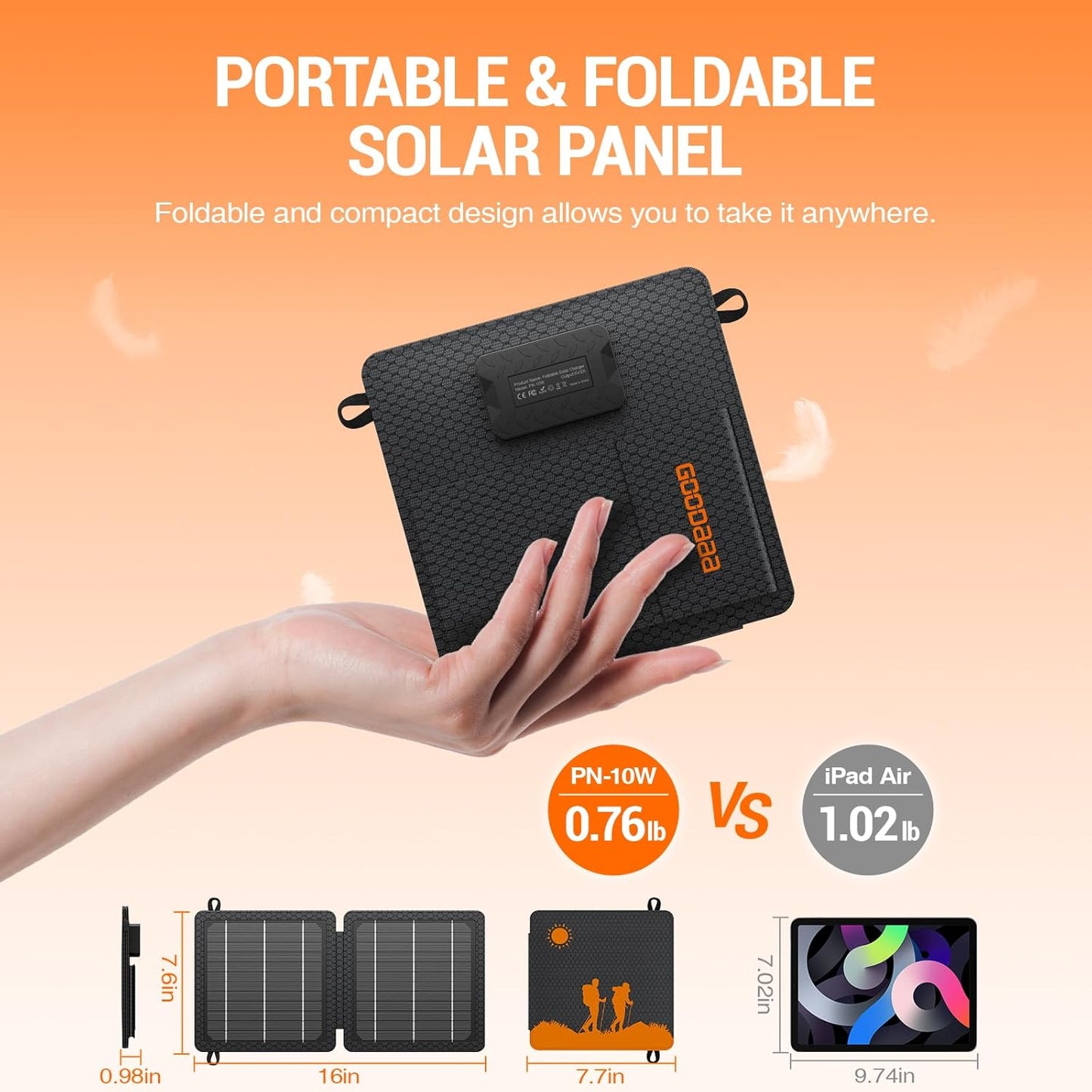 GOODaaa 10W Portable Solar Charger, Dual USB Outputs, Foldable Size, 24% High Conversion Efficiency, Waterproof &