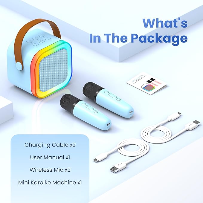 Mini Karaoke Machine for Kids Adults, Kids Toys Portable Karaoke Microphone Singing Speaker, Karaoke Player with 2 Wireless Mic, Birthday Gifts for Girls Ages 4, 5, 6, 7, 8, 9, 10, 12+ Years Old(Blue)