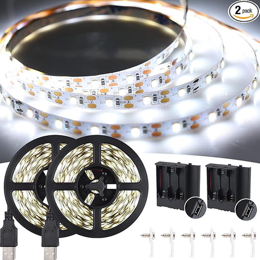 16.4FT Daylight White LED Strip Light with USB Plug+Battery Box Operated, 6000K Soft White Ribbon Strip, Adhesive 300LED Flexible Strip Tape for Kitchen Bedroom Under Cabinet TV Computer
