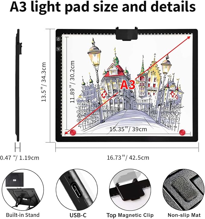 Rechargeable A3(16.73"x13.5") Light Pad for Diamond Painting,Tracing Light Box with Stand/Clip/Magnet,3 Colors and 6 Levels of Brightness Light Board for Artists,Drawing,Sketching,Animation,Tracing