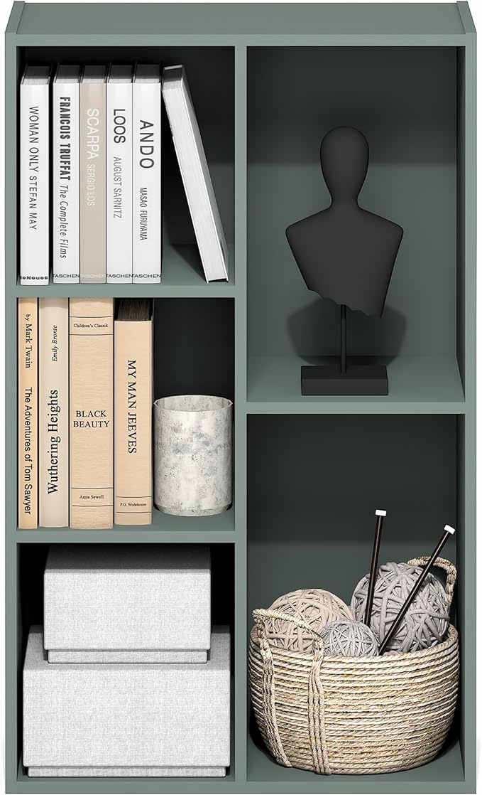 Furinno LUDER Book Shelf, 5-Cube Bookshelf, Reversible Bookcase, 9.4" x 19.5" x 31.5", for Living Room, Bedroom, Home Office, Sage Green