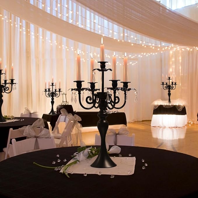 20''Tall Crystal Pendant Taper Candle Holders/Stylish Candle Stands/Candlesticks Holder/Candelabra for Home Decor, Weddings/Parties/Elegant Dining Table Centerpiece (4, Black, 5 Arm)