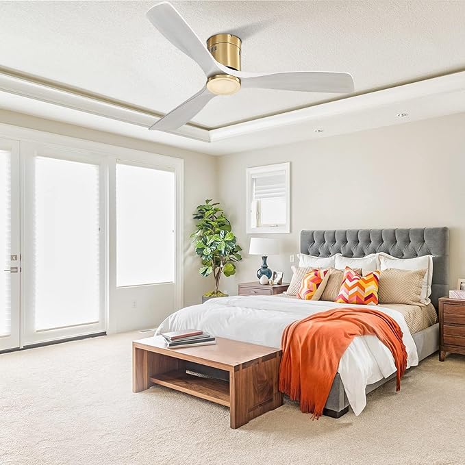 Sofucor 52 Inch Ceiling Fan No Light, Flush Mount Ceiling Fans with Remote, Solid Wood Indoor/Outdoor Ceiling Fans Without Lights, Reversiable DC Motor, Modern Ceiling Fan for Bedroom Farmhouse Patio