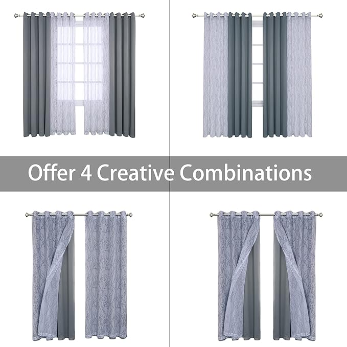 BONZER Mix and Match Curtains - 2 Pieces Branch Print Sheer Curtains and 2 Pieces Blackout Curtains for Bedroom Living Room Grommet Window Drapes, 54x108 Inch/Panel, Light Grey, Set of 4 Panels