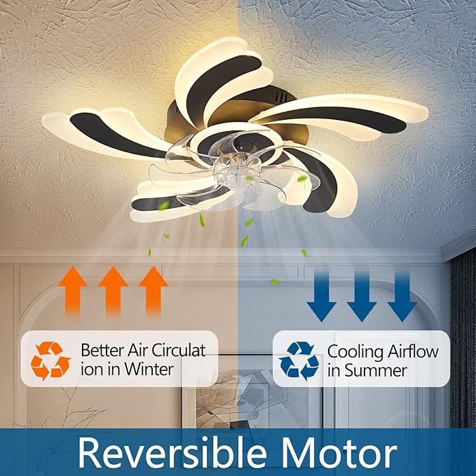 Ceiling Fan with Lights Remote Control, Black Modern Ceiling Fan with Light, 3 Light Color 6 Speeds Low Profile Flush Mount Ceiling Fan for Kitchen Bedroom Living Room