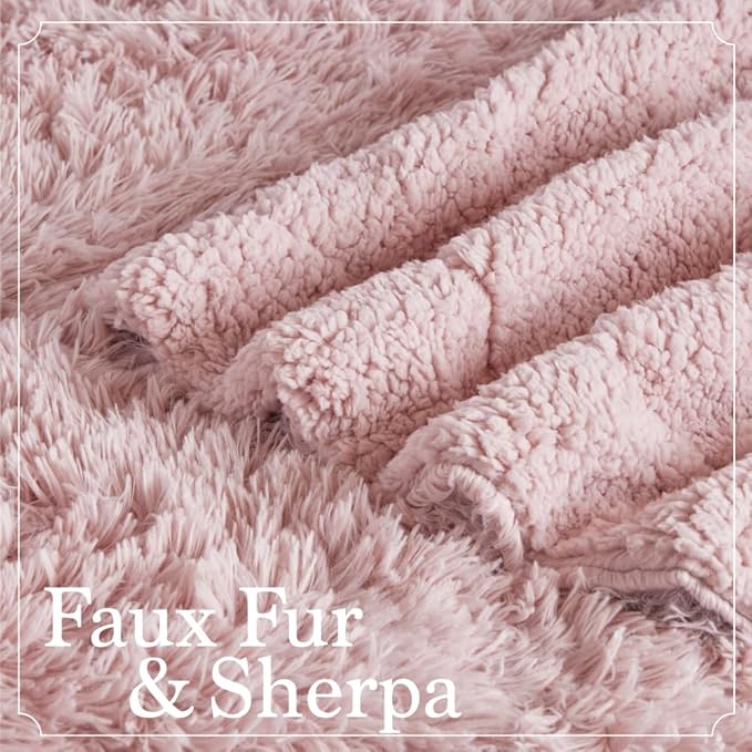 The Connecticut Home Co Bedding Blanket, Twin 80x60, Soft Fluffy Room Decor, Cozy Warm Throws for Bed, Gifts for Women, Bedroom Cute Aesthetic Blankets Shag and Sherpa Dusty Rose