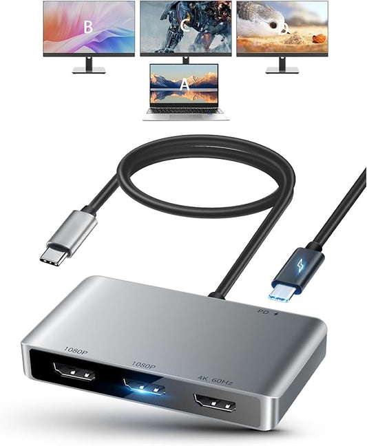 avedio links USB C to HDMI Multi Monitor Adapter, HDMI Splitter 1 in 3 Out Extended Display for Triple Monitor with 100W PD Port, Out 1 4K@60Hz, Out 2 and 3 1080p, Display for Windows Mac OS