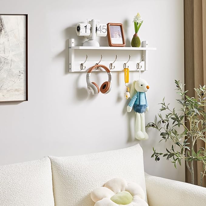YMYNY Coat Rack Shelf Wall Mounted, Coat Hooks Set of 2, Entryway Coat Hanger with 10 Hooks, 47.2" Wall Floating Shelf with Hat Rack, for Kitchen, Bedroom, Bathroom, White HWS004W-2
