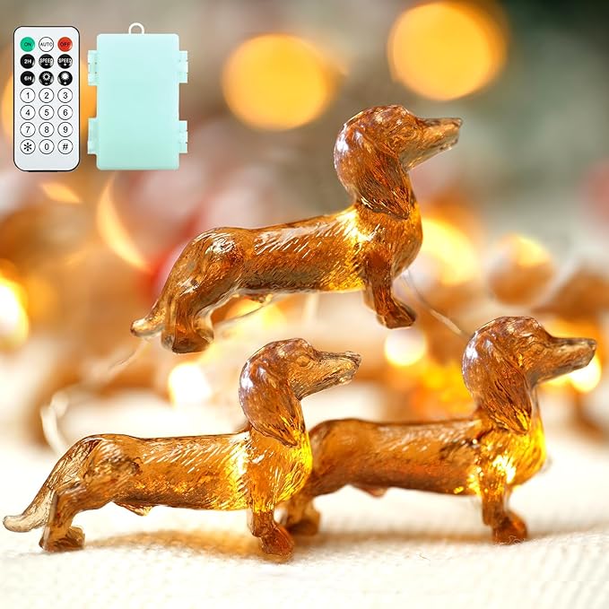 BOHON Dachshund Christmas Lights 10ft 30 LEDs Weiner Dog Christmas Decorations Fairy String Lights with Remote Battery Operated Dachshund Gift for Indoor Party Tree Puppy Pet Themed Ornament