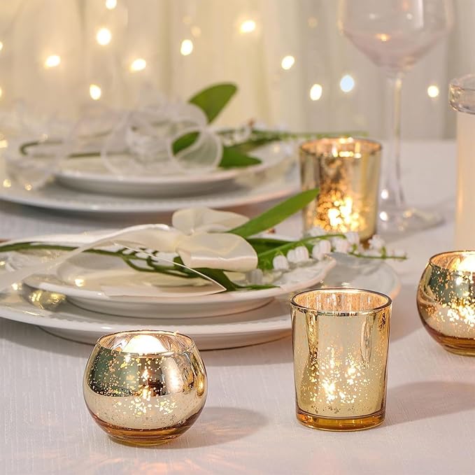 Gold Votive Candle Holders Set of 24 - Speckled Mercury Gold Glass Candle Holder Bulk - Ideal Fall Decor for Boho Wedding Centerpiece Table，Halloween & Thanksgiving Decorations Indoor