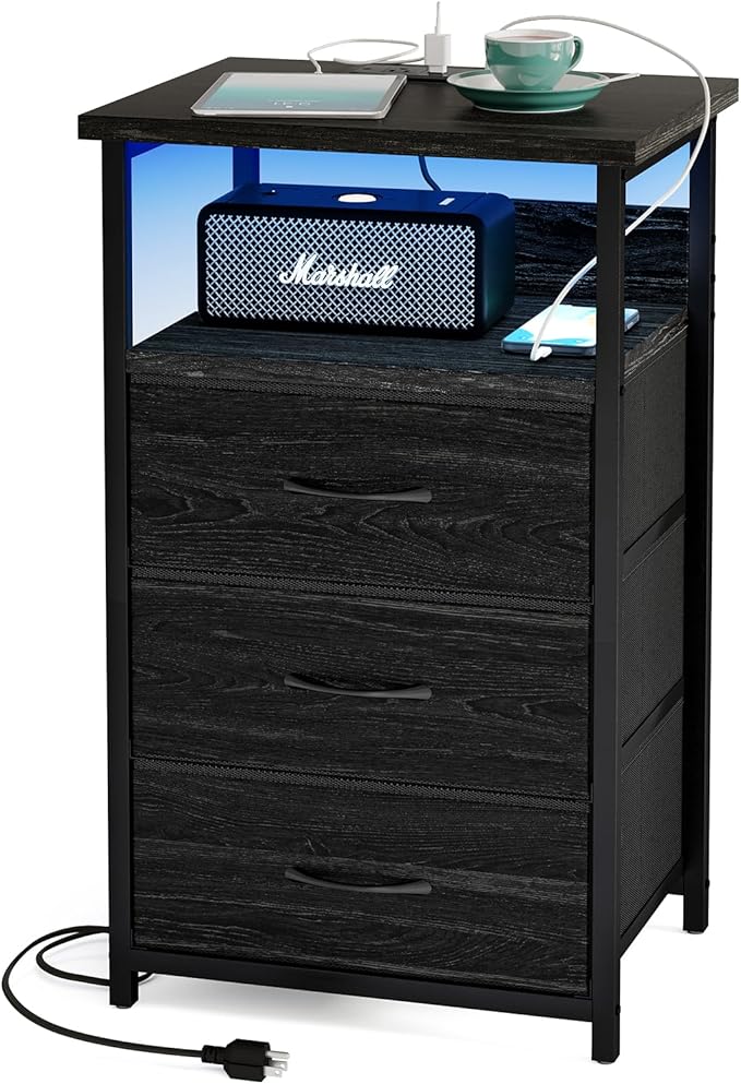 Fixwal Night Stand with Charging Station, LED Nightstand with Fabric Drawers, End Table with PU Finish, Bed Side Table, Black Oak