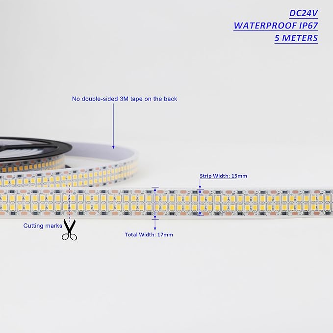 LED Strip Lights Warm White 3000K 16.4ft/5M Double Row 2835 SMD 2400LEDs DC 24V Daylight Bright Dimmable Flexible LED Tape Light Waterproof IP67 Outdoor Lighting(No Adapter & Dimmer)